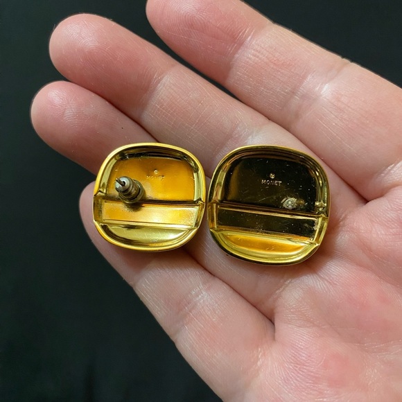 VGT Monet Gold-tone Black Stripe Enamel Rounded Square Pierced Earrings - Picture 4 of 5